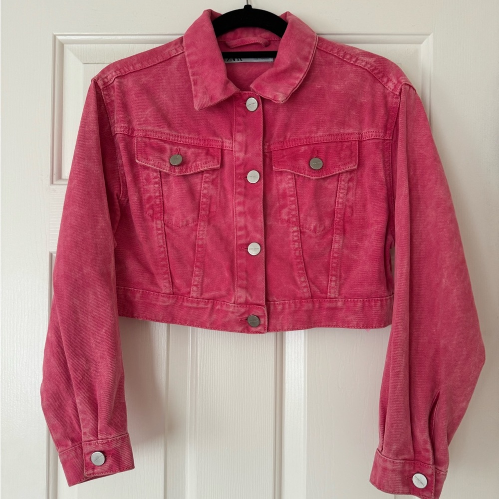 Zara S Hot Pink crop denim jacket